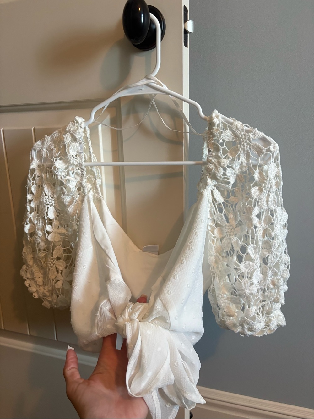 White Crochet Puff Sleeve Tie-Front Women’s Top